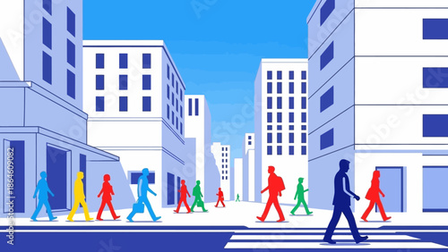 Diverse group of pedestrians crossing a city street, symbolizing urban life and community