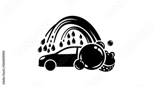 Car wash service icon with water drops and soap bubbles.