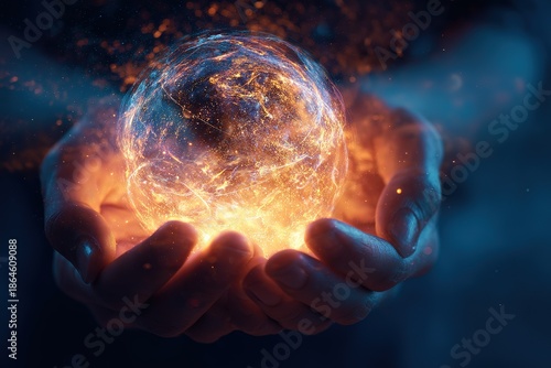 Hands Holding Orange-Gold Glowing Energy Sphere: Fantasy Sci-Fi Supernatural Power Visual Scene

