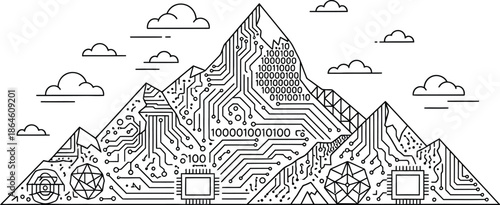 Abstract representation of a stylized mountain range overlaid with complex electronic circuit board pathways symbolizing digital ascent and technological peaks