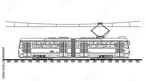 Modern city tram or electric train on tracks line art illustration.