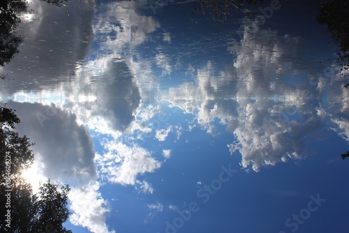 Water Reflection of Sky and Clouds: Natural Scenery Quiet Lake Outdoor Scene
