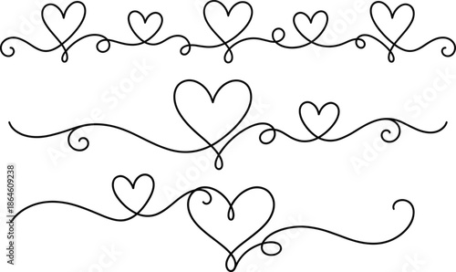 Hand drawn heart line borders set, romantic continuous doodle swirls for wedding invitations, valentine designs, elegant decorative dividers
