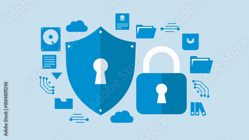 Digital security concept with shield and padlock icons surrounded by data and cloud symbols.