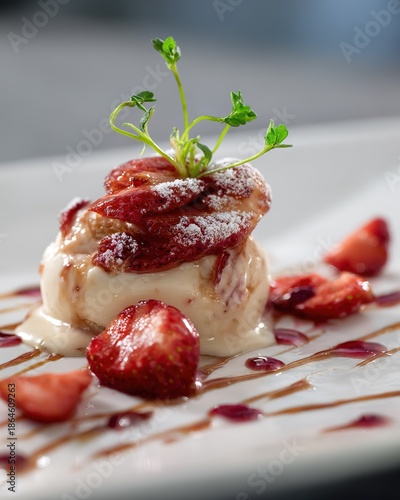 Exquisite Strawberry Dessert Platter: High-End Restaurant Dessert Scene with Cream and Strawberry Decoration
