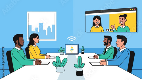 Modern professional team conducting a hybrid video conference meeting, connecting physically present colleagues with remote participants for effective virtual collaboration