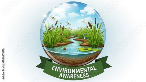 Environmental awareness concept with a serene pond scene inside a glass globe surrounded by lush greenery and a green banner on a white background with dragonflies