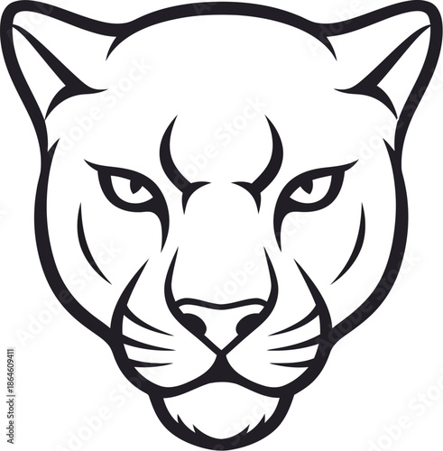 Minimalist black and white line art illustration depicting a fierce cougar or panther head looking directly forward isolated on a white background suitable for logos