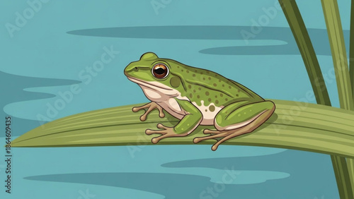 A green frog with white belly and brown spots sitting on a large green leaf over water with reflections with wildlife and nature and animal and amphibian