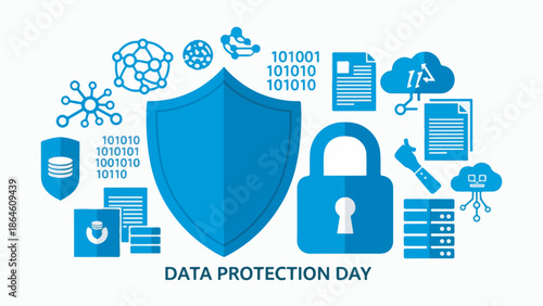 Data Protection Day illustration featuring a shield, padlock, binary code, cloud storage, and network nodes symbolizing cybersecurity and digital privacy.