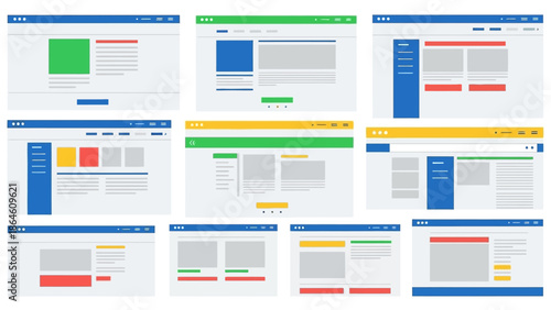 Dynamic collection of modern web design wireframe layouts and user interface templates, showcasing diverse webpage structures for digital project development