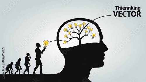 Evolution of human thought, from primitive to intelligent, light bulb tree in head, symbolizing innovation and creativity with intelligence and idea