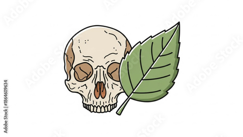 A cartoon illustration of a human skull with a green leaf, symbolizing nature and mortality, with a white background with death and life and cycle