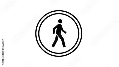 Pedestrian walking sign icon in double circle frame isolated on white background.