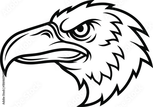 Fierce black and white line art illustration of an aggressive bird of prey head featuring sharp contours and powerful facial expression ideal for mascot use