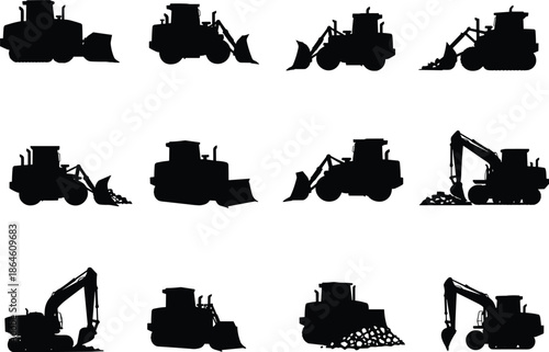 bulldozer, excavator, loader, backhoe, digger, machinery, construction, vehicle, transport, silhouette, heavy, industry, site, equipment, engineering, infrastructure, truck, work, tool, power