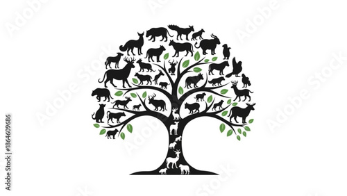A tree with many animals and leaves on its branches, representing wildlife and nature, conservation and ecosystem with sustainability and biodiversity