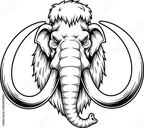 Detailed black and white illustration portrait of an intimidating woolly mammoth head featuring long curved tusks and thick shaggy hair against a white background perfect for design.