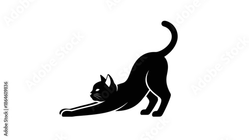 Black cat silhouette stretching in yoga pose vector illustration.
