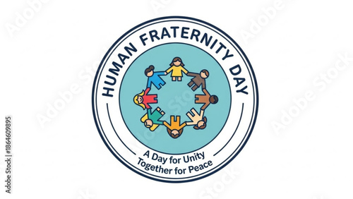 Human fraternity day logo with diverse people holding hands in unity circle for peace and harmony with diversity and inclusion and togetherness
