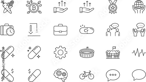 Business and health icon set, black and white line icons, communication, technology, global support, vector illustration pack