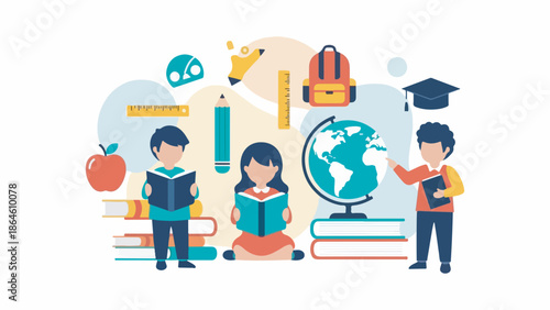 Children engaged in learning with educational tools and symbols surrounding them, representing knowledge and growth.