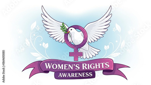 A white dove with olive branch in beak flying through purple female symbol on light blue background with white floral patterns and purple banner with women's rights