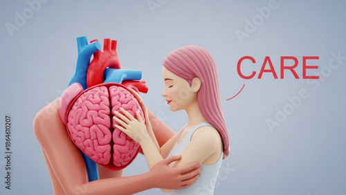 Woman showing care and love to a human brain and heart, symbolizing health, medicine, and emotional support with wellness and compassion and anatomy