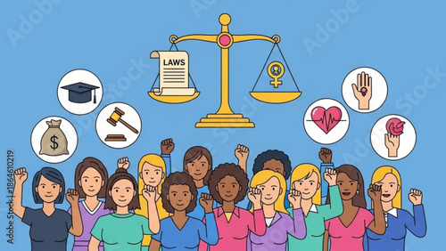 Diverse group of people raising fists in solidarity with symbols of education, law, equality, and finance on blue background with empowerment