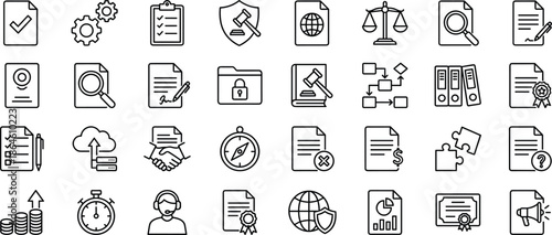Business document line icons set, legal management workflow symbols, corporate administration elements, minimal outline style, cad drawing flat vector illustration