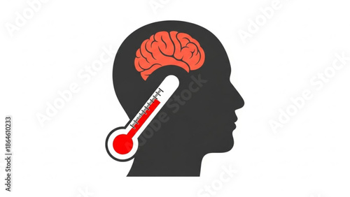 A black silhouette of a human head with a red brain and a thermometer inserted into the ear, indicating a fever or heat stress with medical and health