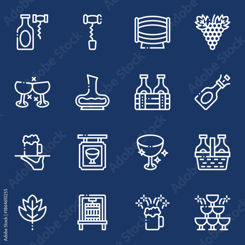 Elegant vector line icon collection showcasing diverse alcoholic drinks, winemaking tools, and festive celebration symbols, ideal for modern design projects and digital interfaces