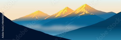 Abstract mountain landscape with golden peaks and soft atmospheric haze