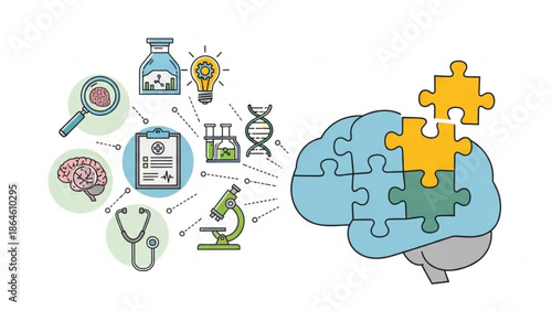 Brain puzzle pieces coming together with medical and science icons around it, representing healthcare and research concepts with neuroscience
