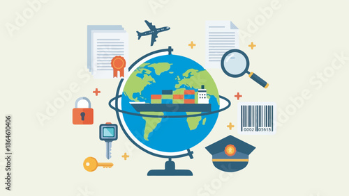 Global shipping and logistics concept with a ship, airplane, documents, and security icons.