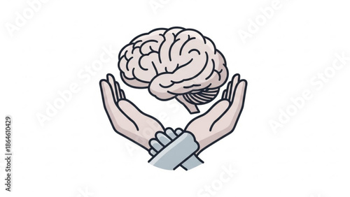 A pair of hands cradling a brain symbolizing care for mental health and wellness with medical and awareness and icon and illustration and cartoon