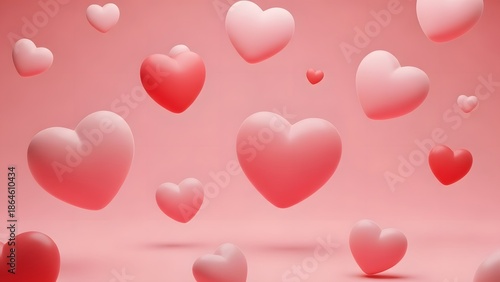 Pattern of scattered 3D hearts with soft lighting on pink backdrop