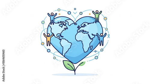 A heart shaped globe with people holding hands around it and a green leaf growing from the bottom, symbolizing global unity and environmental care