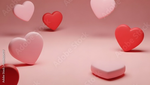 3D heart shapes on pink surface with depth of field perspective