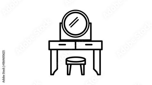 Dressing table with round mirror and stool line icon.