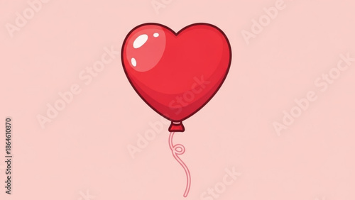 A vibrant red heart shaped balloon floating on a soft pink background with a curly ribbon tied to the knot, symbolizing love and affection in a playful cartoon style