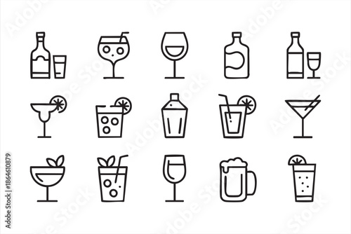 Alcohol and Cocktail Line Icons for Bar Menus, Beverage UI, and Nightlife Branding
