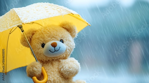 Teddy bear holding an umbrella in the rain soft blue sky background