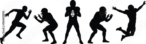 American Football Player Silhouettes Set Featuring Quarterback Holding Ball Athletes Running Tackling and Celebrating Goal isolated on White Background Concept