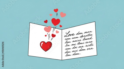 Open greeting card with red hearts flying out on light blue background, love letter concept with cursive writing with valentine and romance and romantic
