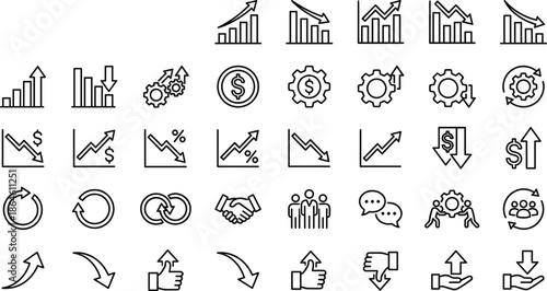 Business finance growth icon set, charts arrows symbols, profit loss analytics, teamwork process elements, outline style, cad drawing flat vector illustration