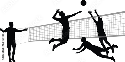 Action Silhouette of Professional Volleyball Players During Intense Game Match with Spiking Hitting Ball and Blocking Near Net on White Background