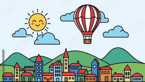 Colorful Cartoon Hot Air Balloon Flying High.