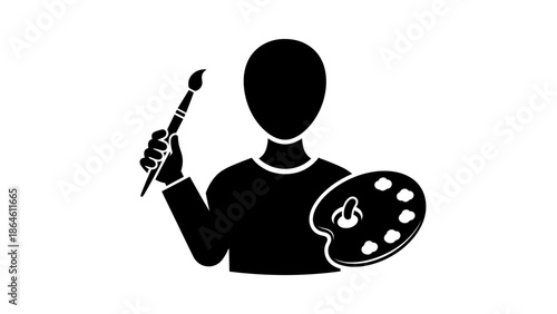 Artist or painter silhouette icon holding a paintbrush and a color palette. Vector illustration of a creative person symbol isolated on a white background.
