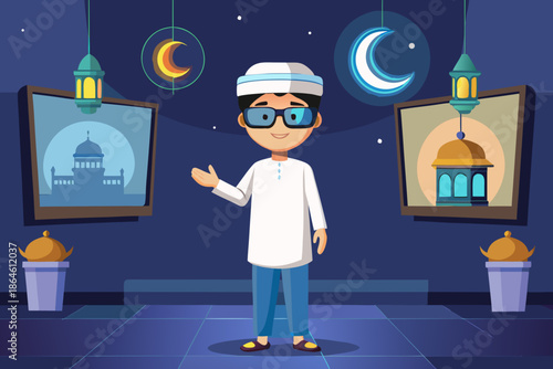 A young muslim boy celebrating ramadan or eid with traditional lanterns and crescent moon decorations